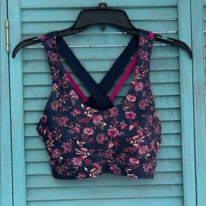 Floral Cross-Back Sports Bra - Pink and Navy